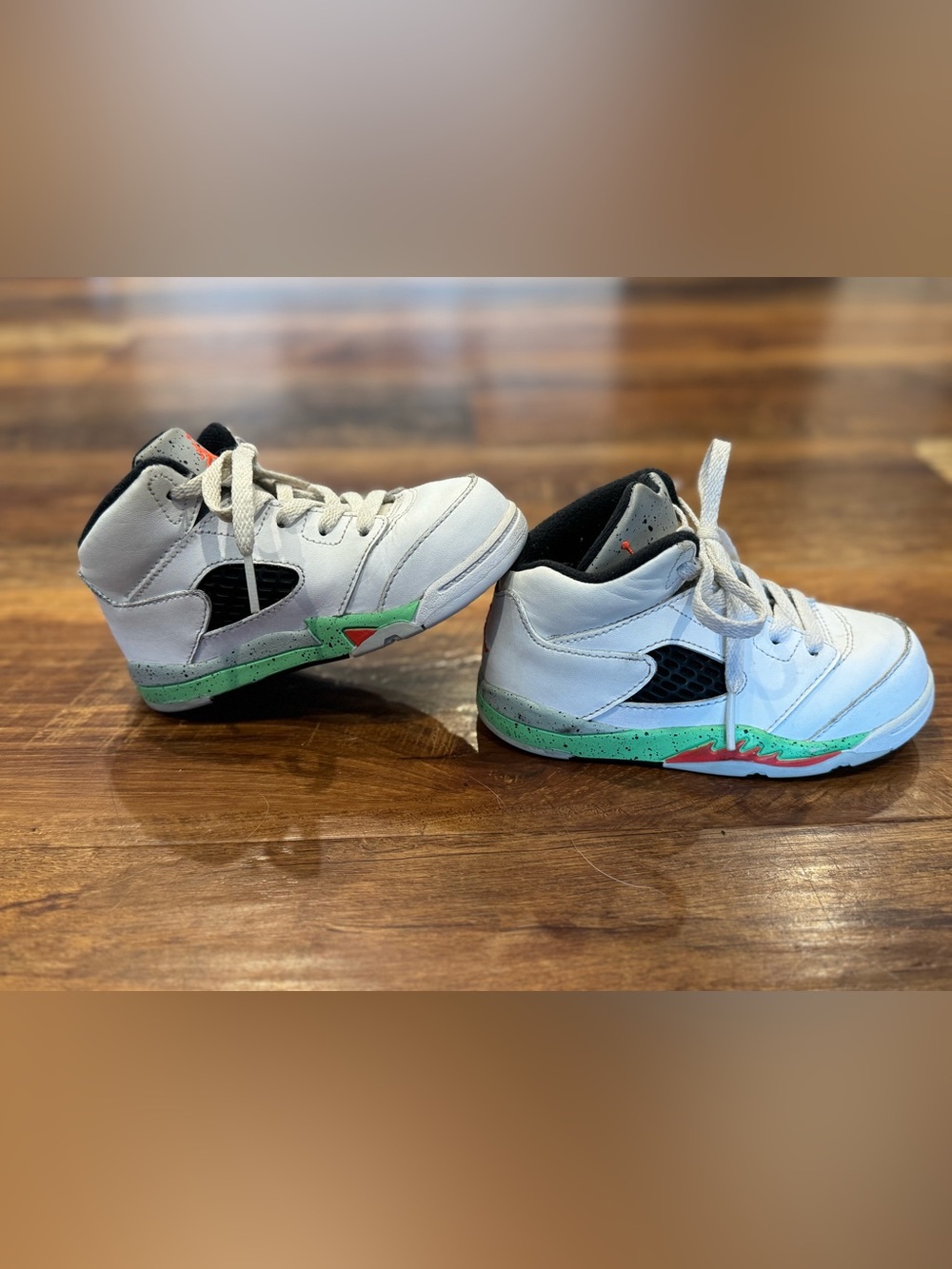 Jordan Kids White Sneakers with Green and Red Accents